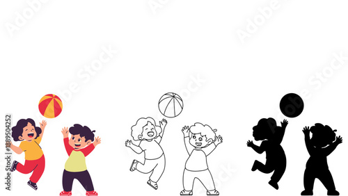 Children playing with a ball in different illustration styles and colors