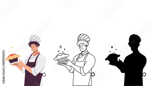 A chef in different styles holding delicious baked goods in his hands