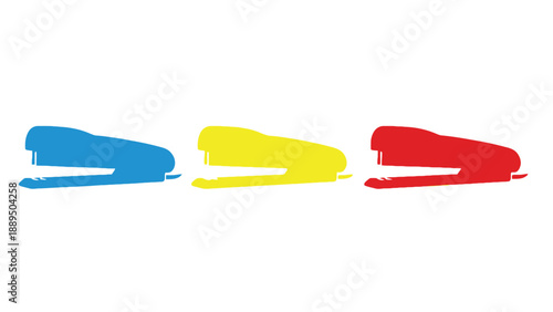 Three colorful staplers in blue, yellow, and red on a white background