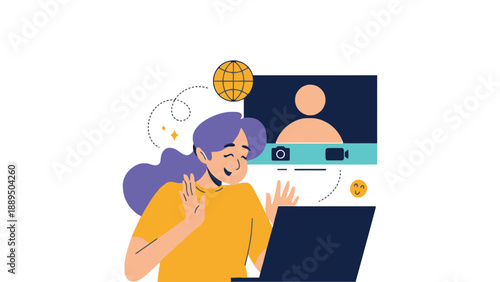 A woman waving at her laptop screen during a video call with a person