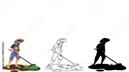 An illustration of a man raking leaves in different artistic styles and colors