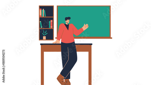A cartoon teacher standing in front of a green chalkboard in a classroom