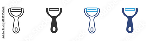 Set of four vegetable peelers icons, including outline, solid black, and colored versions with blue accents, representing kitchen tools and culinary equipment for food preparation and healthy eating