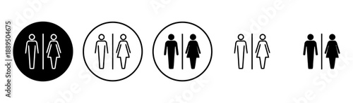 Set of male and female restroom signs, including circular and square formats, filled black and outline styles, public facilities symbols for navigation