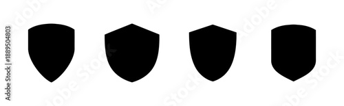 Set of four black shield icons with different shapes and outlines representing security protection and defense against threats and attacks on white background vector illustration