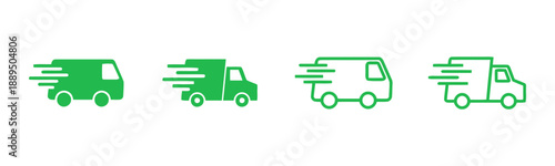 Set of four green delivery truck icons showing different styles including filled silhouette outline and motion blur for fast shipping and logistics services transport vehicles graphic elements