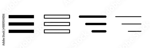 Set of four different hamburger menu icons isolated on white background, representing navigation options and user interface elements for websites and apps