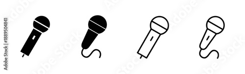 Set of four microphone icons showing audio input devices. Includes filled and outline versions for music, podcasting, singing, and sound recording themes.