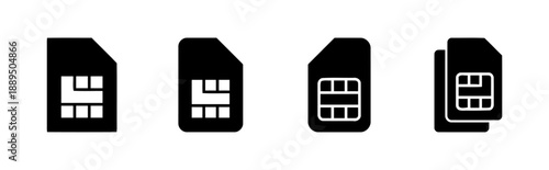 Set of four SIM card icons representing mobile technology and connectivity in different styles including stacked versions