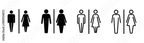 Set of four restroom icons depicting male and female figures in solid black and outline styles with dividing line for gender specific facilities
