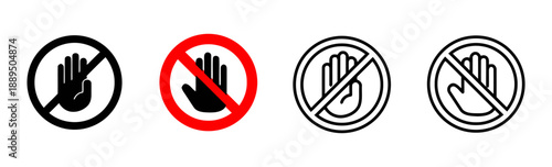 Set of four stop hand icons in different styles and colors for prohibition and warning concepts symbolizing no entry danger and forbidden zone alerts for safety signs