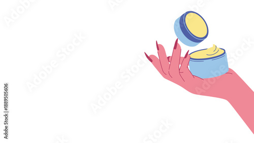 A hand holding a blue jar of yellow cream with the lid open