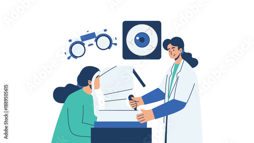 An eye doctor examining a patient's vision with a phoropter and glasses