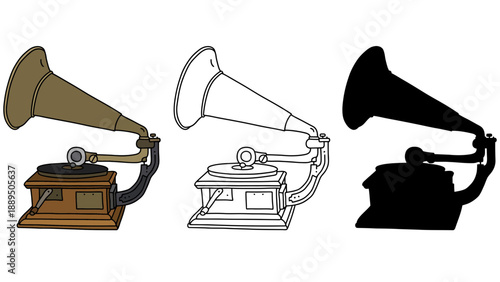 Three vintage gramophones in different styles on a white background