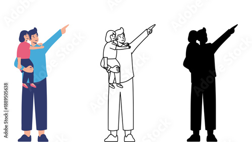 A man carrying a child on his shoulders and pointing to something in the distance.