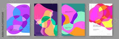 High quality set of four trendy posters with geometric fluid art and overlapping transparent shapes for modern branding and decoration