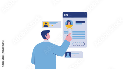 A man in a blue shirt interacting with a large digital resume on a screen