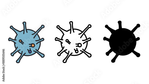 Stylized virus icon in three variations: color, outline, and silhouette.