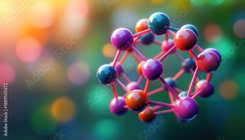 Colorful molecular structure model with shiny interconnected spheres against a blurred vibrant bokeh background