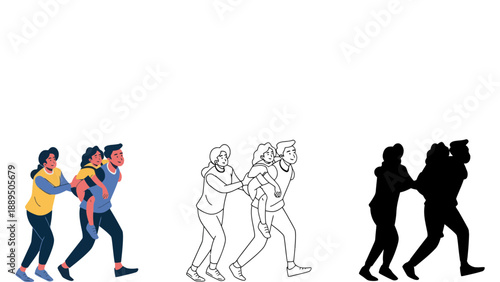 Joyful friends sharing fun piggyback rides during outdoor activity.