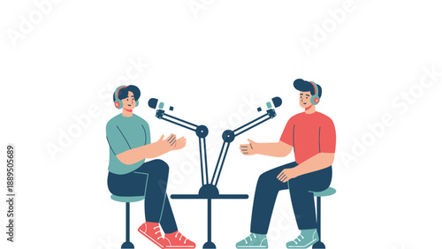 Two people in conversation during a podcast recording session with microphones.
