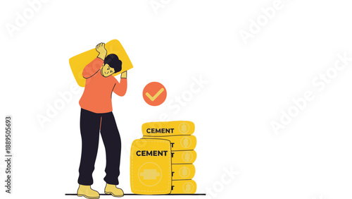 Construction worker carrying heavy bag of cement, symbolizing hard work and building.