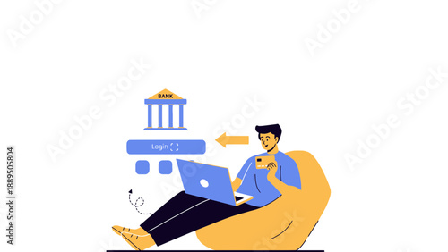 A man sitting comfortably on a bean bag chair using his laptop for online banking