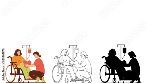 A caregiver assisting a patient in a wheelchair with an IV drip in a hospital setting