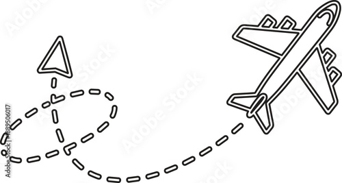 The image depicts an airplane icon in flight, following a dotted line that represents its flight path. The path starts from a location marker, indicating the airplane's departure point.