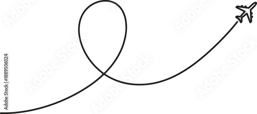 The image features a minimalist black and white drawing of an airplane, which is positioned in the upper right corner. The airplane is outlined in black, giving it a clear and defined shape that stand