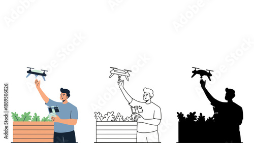 A man is controlling a drone with a remote controller in a garden setting