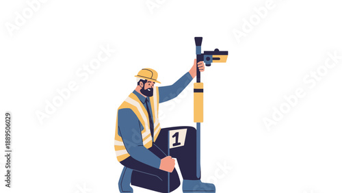 A construction worker using a surveying instrument on a building site