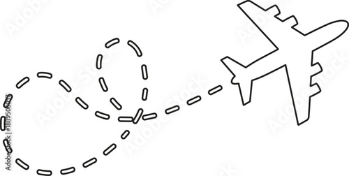 described is a black and white line drawing of an airplane in mid-flight, accompanied by a trail of dashed lines.