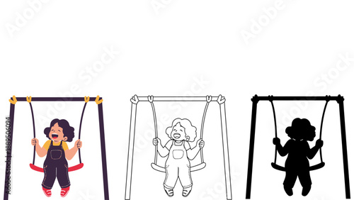 A colorful illustration of a child swinging on a playground swing set in different artistic styles