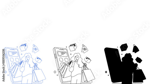 A woman shopping online with her mobile phone and carrying shopping bags