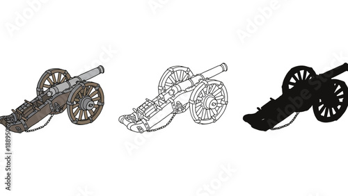 A detailed illustration of a cannon in three different styles and colors.