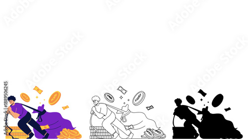 A man pumping money into a growing pile of gold coins and bills