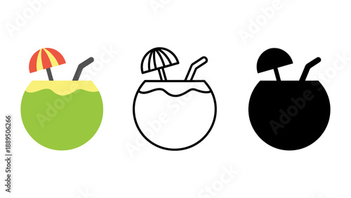 Three colorful coconut drinks with umbrellas and straws on a white background