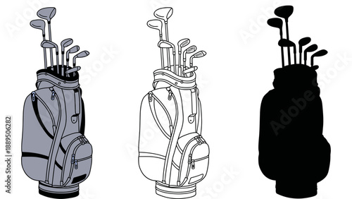A set of three golf bags with clubs in different illustration styles