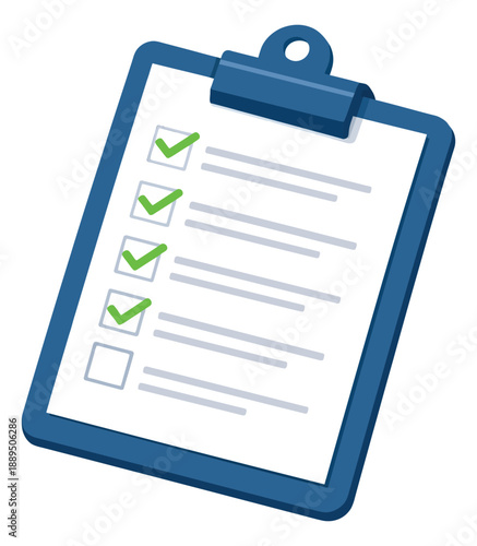 Modern flat illustration of a clipboard with a checklist depicting completed and pending tasks for business and organization