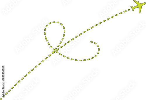 vector illustration described features a cheerful yellow cartoon airplane that is depicted flying upwards, accompanied by a dotted line trail that represents its flight path.