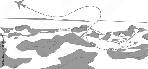 vector illustration  described features a grayscale drawing that captures a scene of an airplane flying over a mountainous landscape