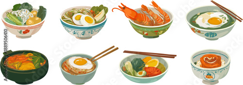 set of asian food, healthy lunch and breakfast dishes isolated on a white background. flat cartoon vector illustration with asian cuisine in a restaurant collection.