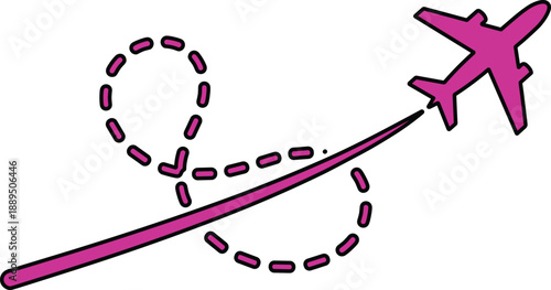 vector illustration described features a pink airplane in flight, accompanied by a flight path that visually represents its trajectory.