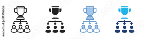 Teamwork and success trophy icon, representing achievement, leadership, goals, and hierarchy, business organization chart with winner cup and people figures, different styles