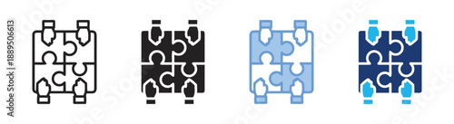 Teamwork puzzle icons in different styles and colors showing collaboration synergy and problem solving for business projects and partnership development