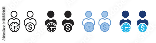 Time is money icon set showing user with clock and dollar sign in different styles and colors representing financial planning time management and investment