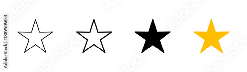 Set of star rating icons in different styles and colors, outline, filled black, and golden star, vector illustration for user interface and feedback