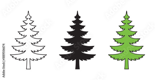 Set of stylized pine trees in outline black and green for graphic design elements isolated on white background simple elegant nature symbol vector illustration