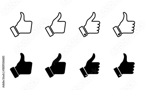 Set of thumbs up icons, hand gesture of approval, like symbol, positive feedback, good job, agreement, outline and solid black versions, vector graphics for social media, rating, and endorsement